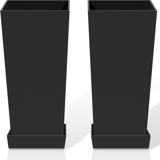 Tall Planters for Outdoor Plants, Large Resin Flower Pots with Saucers for Garden, Front Porch, Patio, Indoor - Set of 2 (Black, 34 inch - 2 Pack)