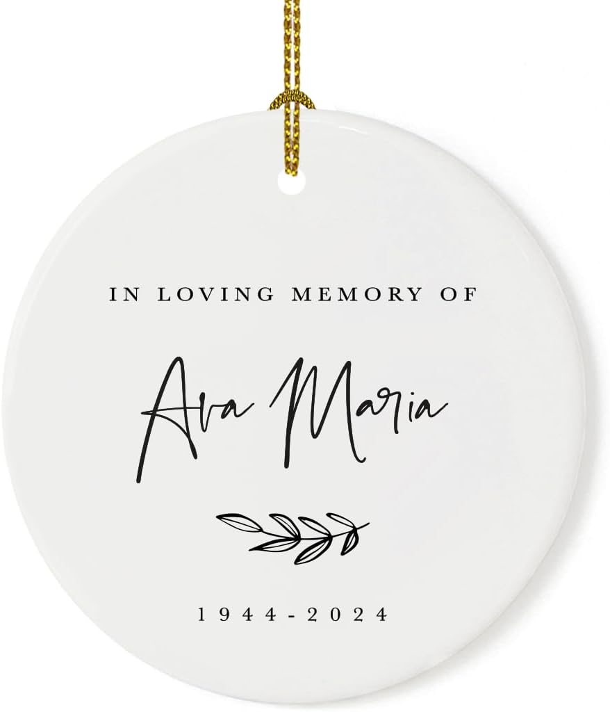 Andaz Press Personalized Round Ceramic Porcelain Christmas Ornament Keepsake Collectible Beareavement Memorial Gift, in Loving Memory of Ava Maria Carter 1944-2024, Antique Handdrawn, 1-Pack, Custom