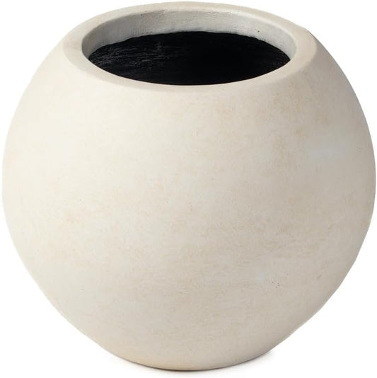 Ash & Ember Onyx 16" D Ceramic Indoor Outdoor Round Sphere Planter, Satin Ivory, Home Decor Evergreen Weather Resistant Modern Planter Pot, Seamless Herb & Seasonal Flower Garden Box