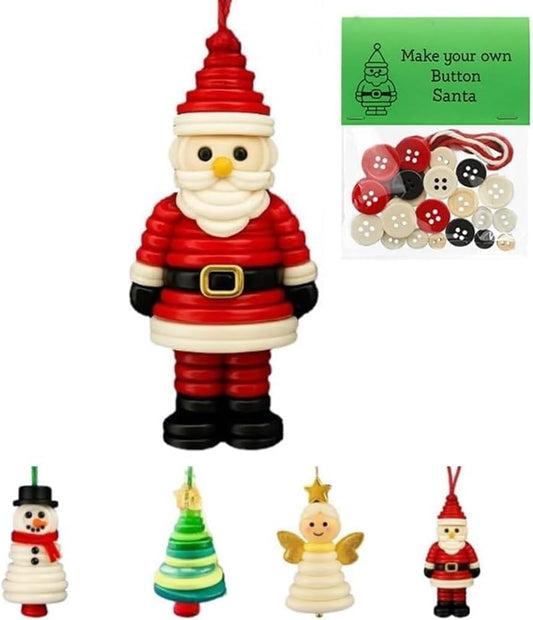 4pcs Button Christmas Tree Ornament Kits, Fun Holiday Decorations for All Ages, DIY Craft Buttons Kit with Christmas Snowman/Santa/Angel, Gifts for Xmas Tree Hanging Decorations (Santa)