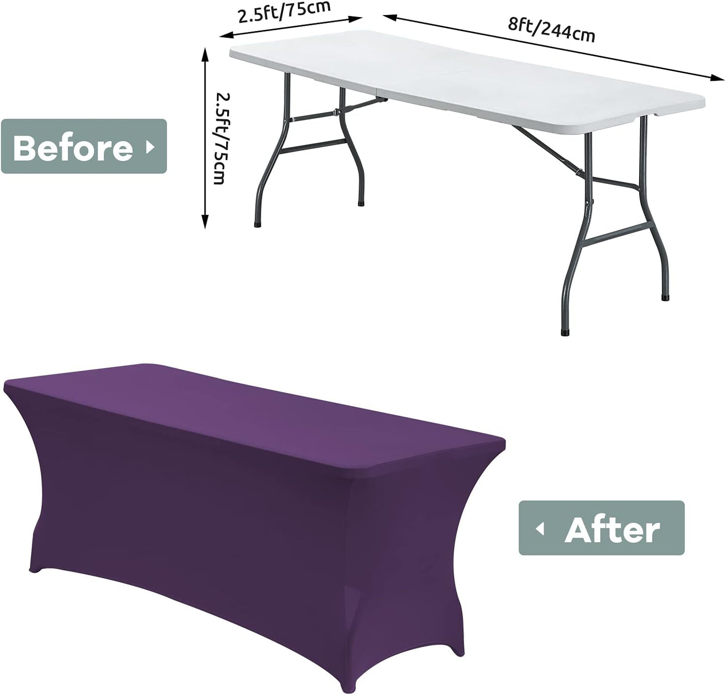 CWK 8FT Waterproof Stretch Spandex Table Cover for Rectangular Tables - Elastic Fitted Tablecloth for Folding Tables,Wrinkle Resistant Table Cloth for Parties, Weddings, Banquets & Events (Dark Puple)