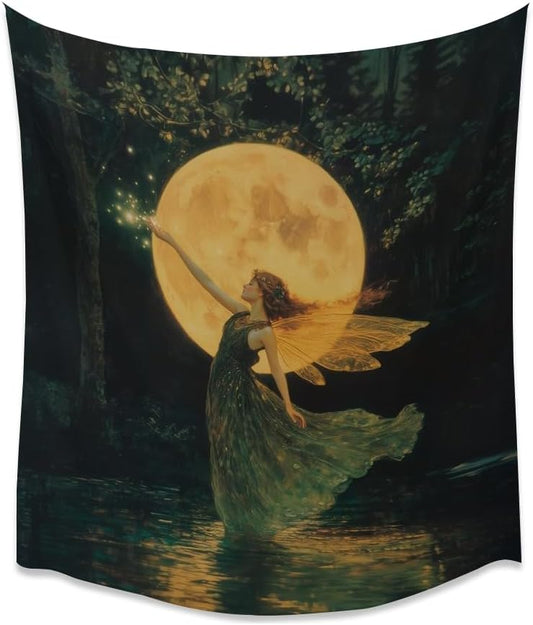 Whimsical Fairy Tapestry Fantasy Moonlight Fae Goddess Print Moody Gothic Aesthetic Wall Hanging Magical Forest Pictures Dark Cottage Witchy Tapestries for Girls Room Bedroom 70x90inch