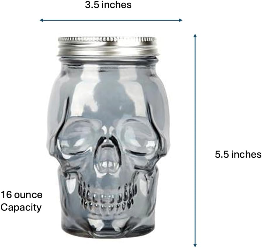 Set of 2 Skull Mason Jar Glasses with Lids | 16oz Reusable Halloween Drinking Glasses | Unique Skull Décor, Storage, & Canning Jars for Parties & Gifts
