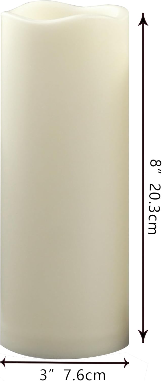 Waterproof Outdoor Battery Operated Flameless Candles with Auto Timer Flickering Plastic Resin Electric LED Pillar Lights for Lantern Patio Garden Wedding Party Decorations 3x8 Inches 3 Pack Ivory