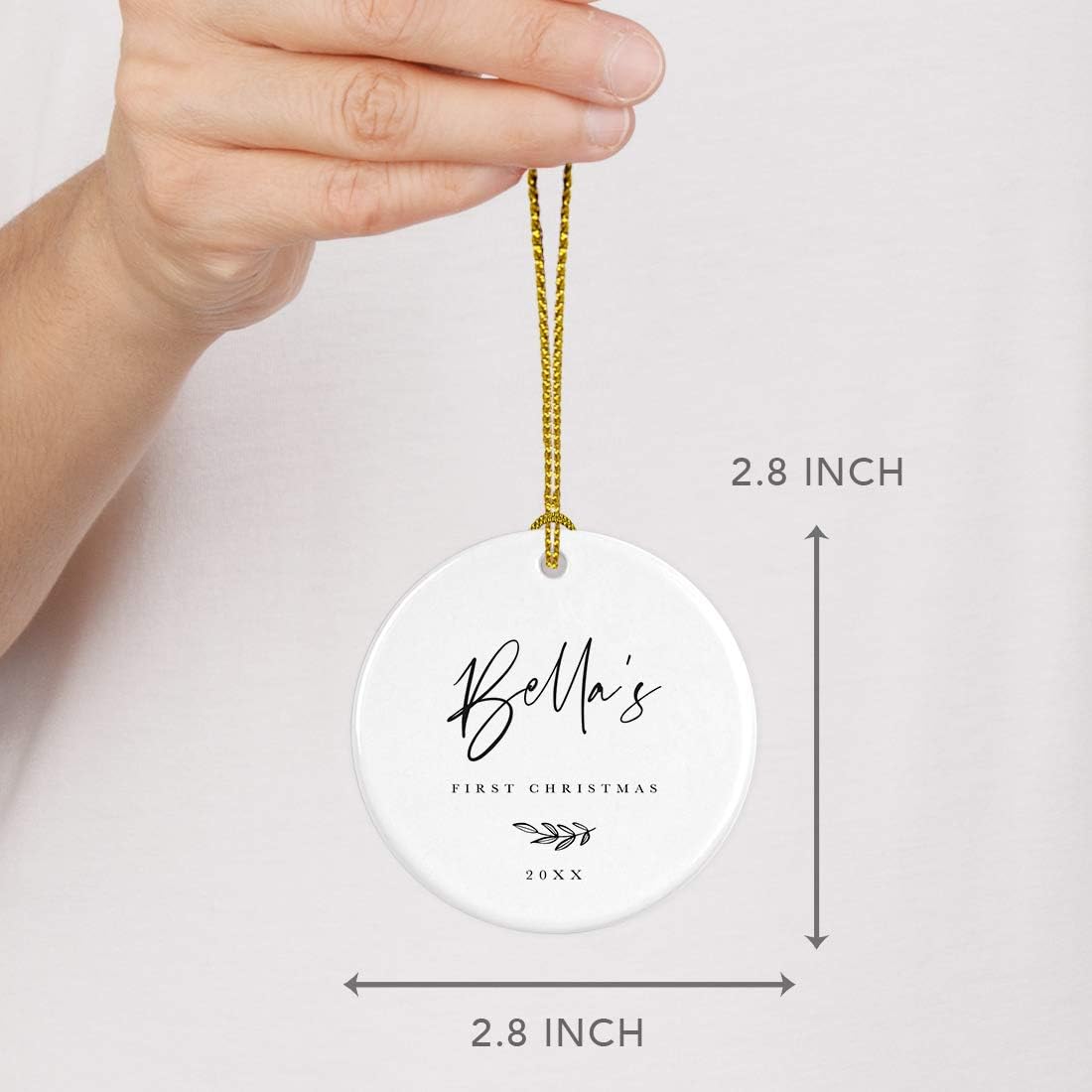 Andaz Press Personalized Baby 1st Christmas Round Ceramic Porcelain Christmas Tree Ornament Engagement Keepsake Collectible Gift, Olivia's First Christmas 2025, Antique Handdrawn, 1-Pack