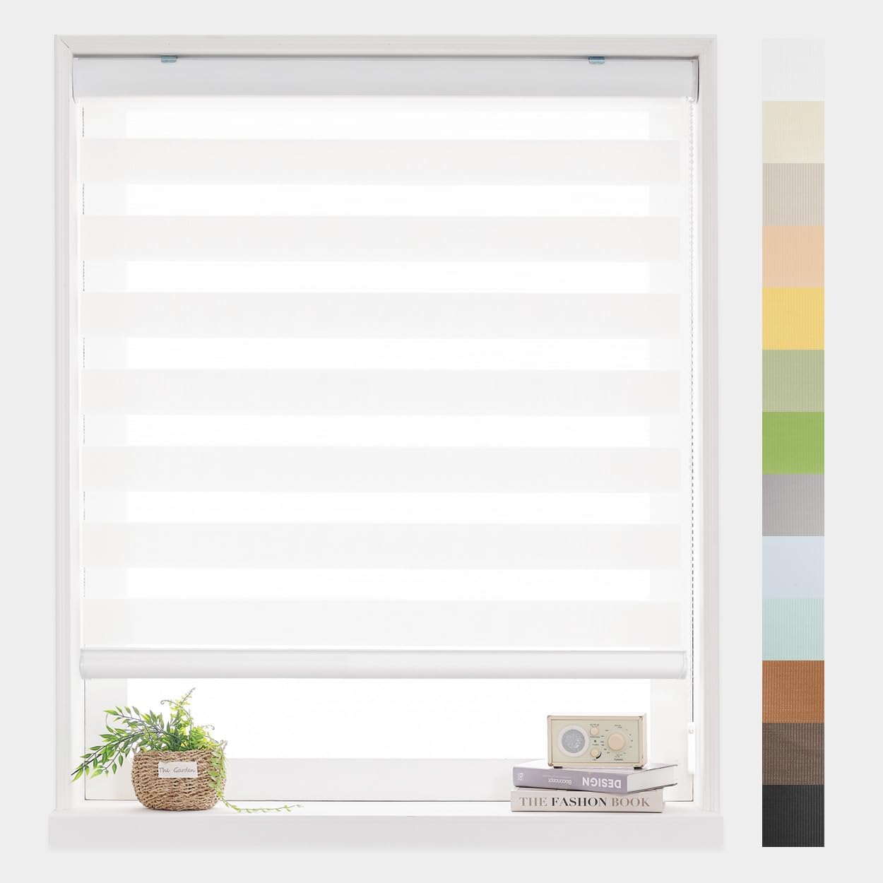 Foiresoft Standard Zebra Roller Blinds for Windows [W45 x H64 Inch, White, Basic], Light Filtering Dual Layer Shades for Bedroom, Living Room, Office, 13 Colors