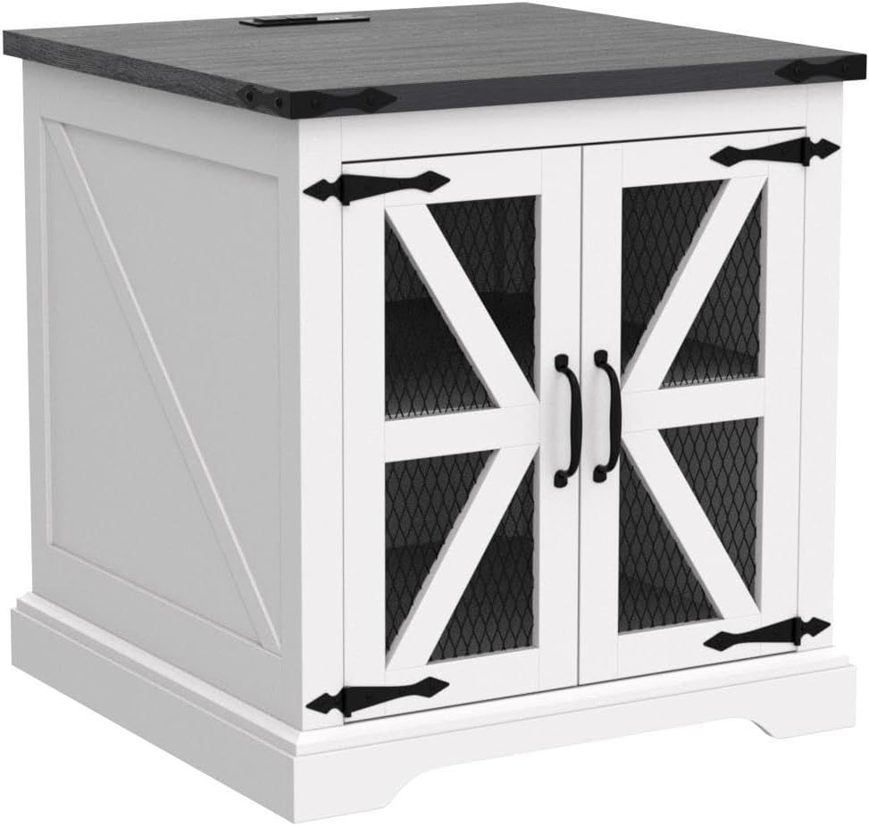 JXQTLINGMU Farmhouse End Table, 24" Large Sofa Side Table with Charging Station, Mesh Barn Door, and Adjustable Storage Shelf, Rustic Wood Square Nightstand for Living Room, Bedroom, Office, White