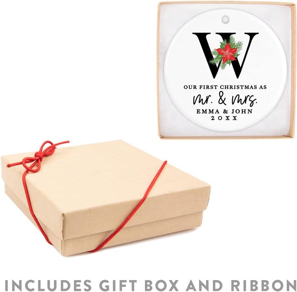 Andaz Press Personalized Our First Christmas As Mr. & Mrs. 2025 Christmas Ornaments Monogram Poinsettia 2.8" Round Porcelain Ceramic 1st Year Married Custom Ornament Keepsake for Newlyweds 1-Pack