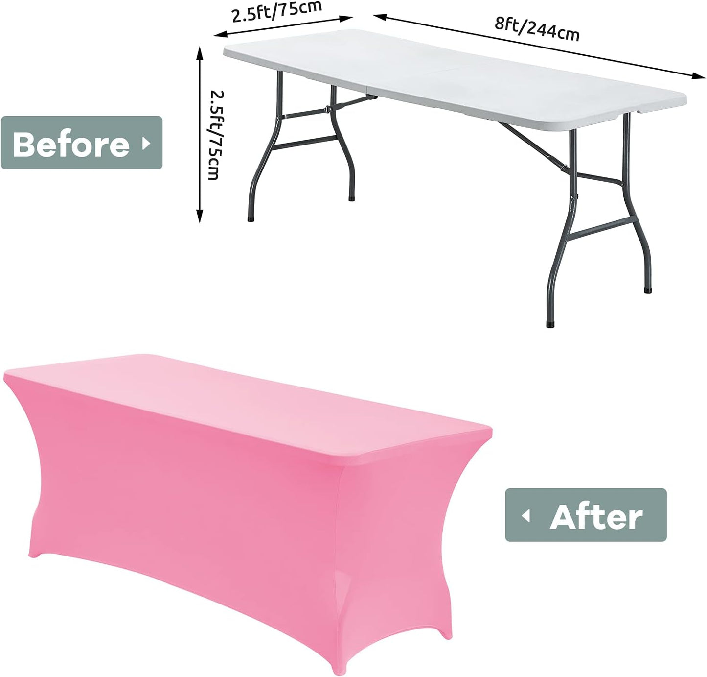 CWK 8FT Waterproof Stretch Spandex Table Cover for Rectangular Tables - Elastic Fitted Tablecloth for Folding Tables,Wrinkle Resistant Table Cloth for Parties, Weddings, Banquets & Events (Pink)