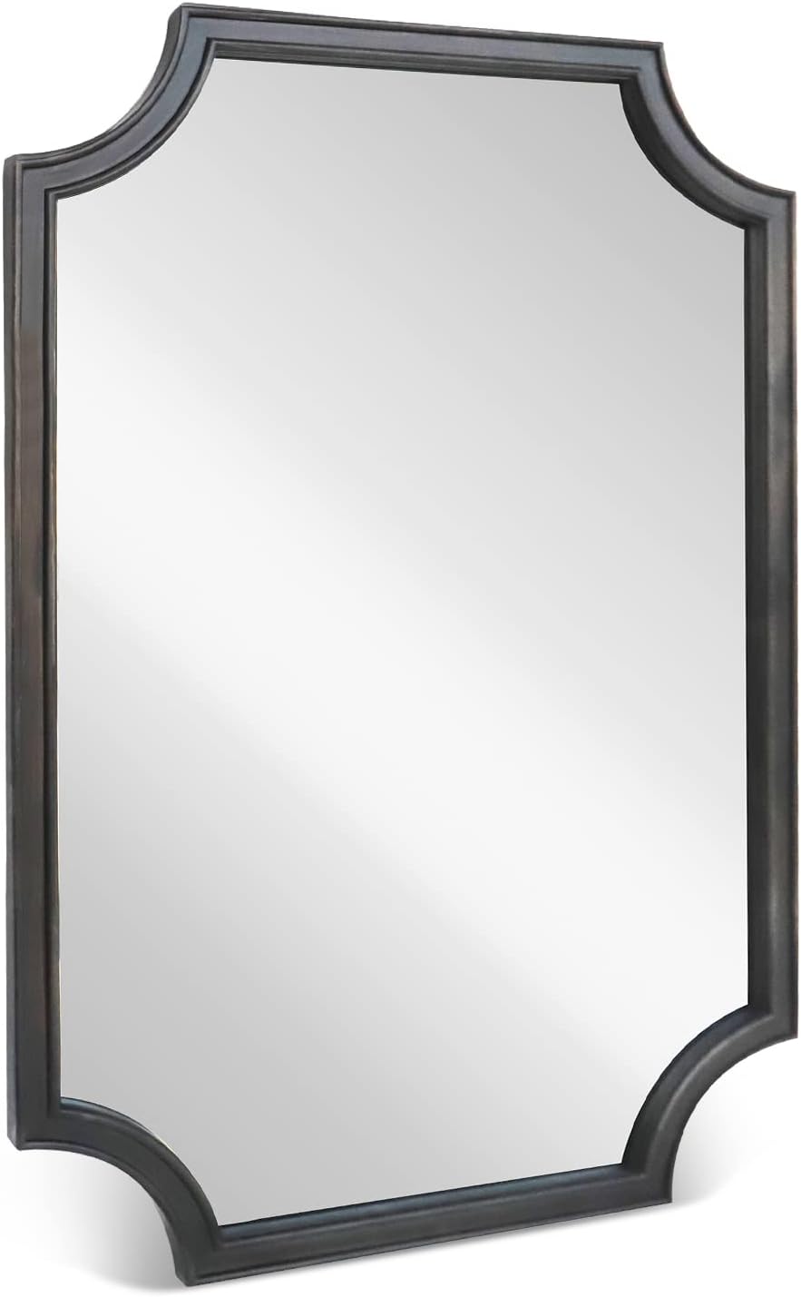 WallBeyond 24" x 36" Full Scalloped Corners Arch Rectangle Wall Mirror with Wood Frame for Entryway, Living Room or Bedroom Home Decor - Light Woodgrain [24" x 36" Black]