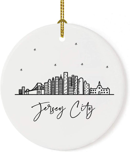 Andaz Press Round Ceramic Porcelain Christmas Tree Ornament Keepsake Gift, Jersey City, Black and White Stars City Skyline Graphic, 1-Pack, Birthday Ideas Family Coworker Him Her, Includes Gift Box