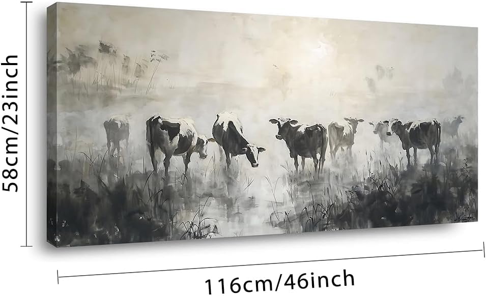 LASMOND Black and White Cow Wall Art for Living Room Ink Wash Canvas Painting Prints Morning Cattle Vintage Country Farmhouse Artwork Bedroom Office Decor (46x23 Inches)