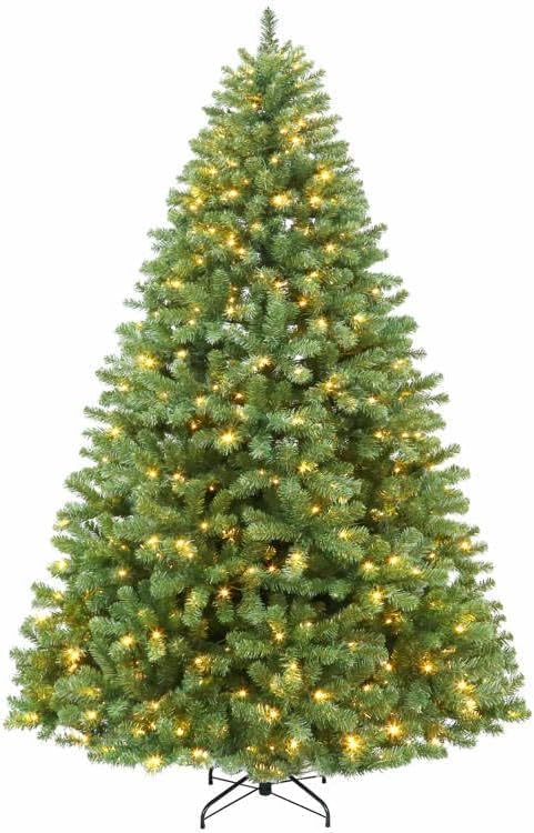 Hykolity 7.5 ft Prelit Christmas Tree, Artificial Christmas Tree with 450 Warm White Lights, 1450 Branch Tips, Metal Stand and Hinged Branches
