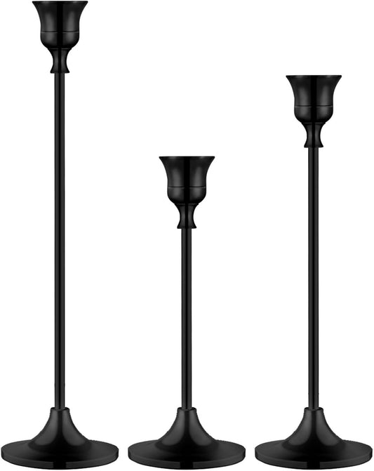 Metal Candle Holders for Candlesticks Taper Candlestick Holders Set Vintage Decorative Centerpiece Candelabra Tall Candle Stands for Halloween Thanksgiving Christmas (Matt Black, 1 Set (3 pcs))