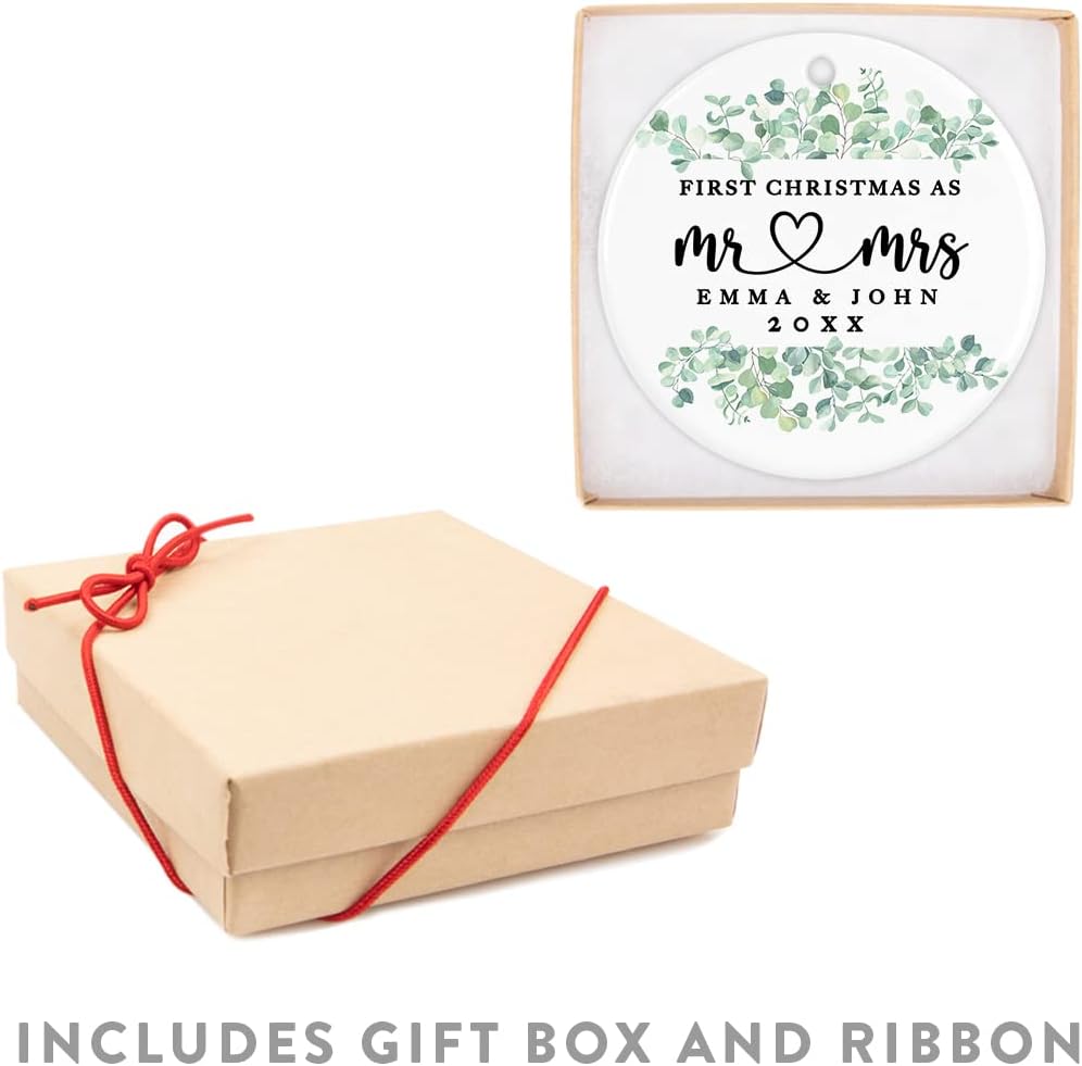 Andaz Press Personalized Our First Christmas As Mr. & Mrs. 2024 Christmas Ornaments Greenery Eucalyptus 2.8" Round Porcelain Ceramic 1st Year Married Custom Ornament Keepsake for Newlyweds 1-Pack