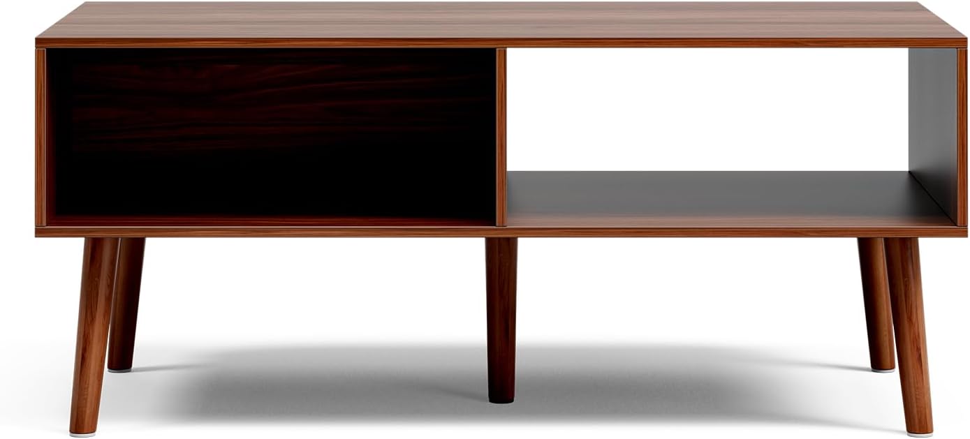 Coffee Table with Storage, Mid Century Dining Table with Fluted Drawer and Solid Wood Legs, Small Coffee Tables for Living Room, Walnut