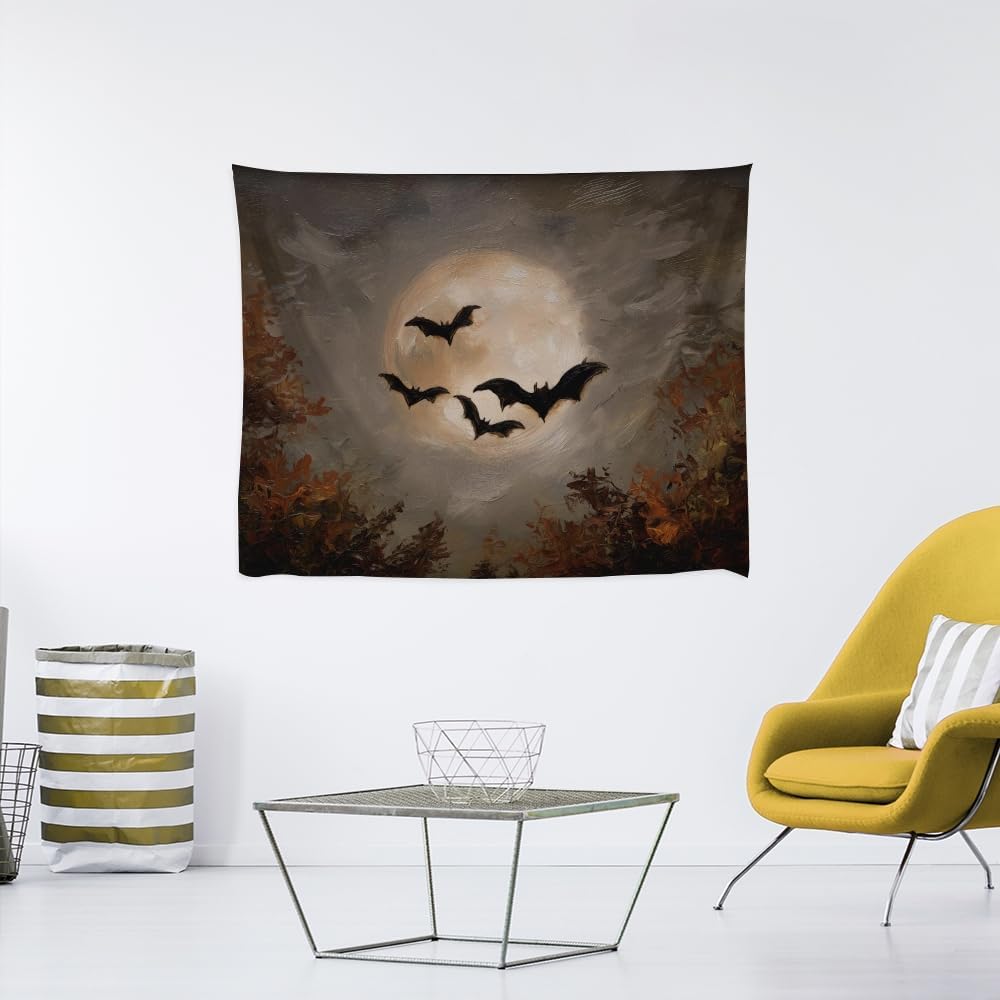 Spooky Halloween Bats Dark Academia Full Moon Autumn Leaves Wall Hanging Vintage Haunted Home Artwork Gothic Witchy Ghost Tapestries for bedroom Living Room Decor 50x60inch