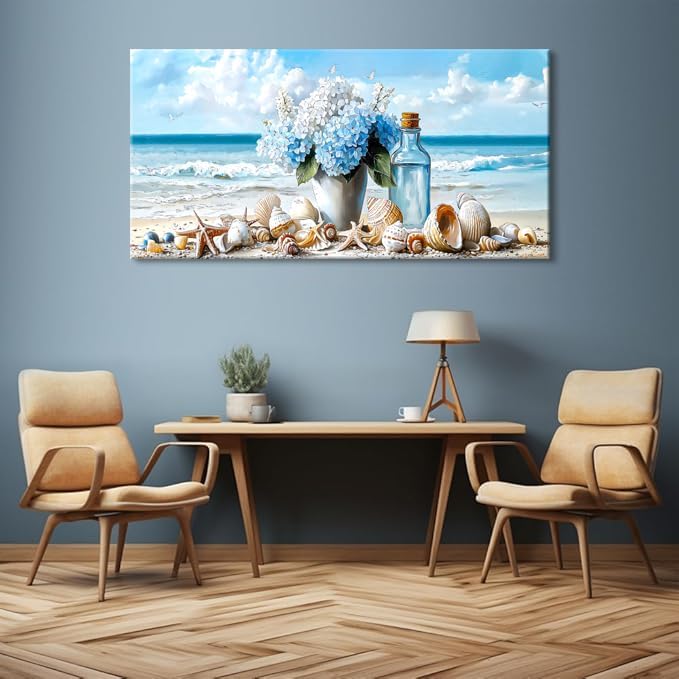 LASMOND Romantic Beach Wall Art for Living Room Blue Shells Conch Vase Canvas Prints Modern Large Flower Bottle Bedroom Ocean Artwork Decor (46x23 Inches)