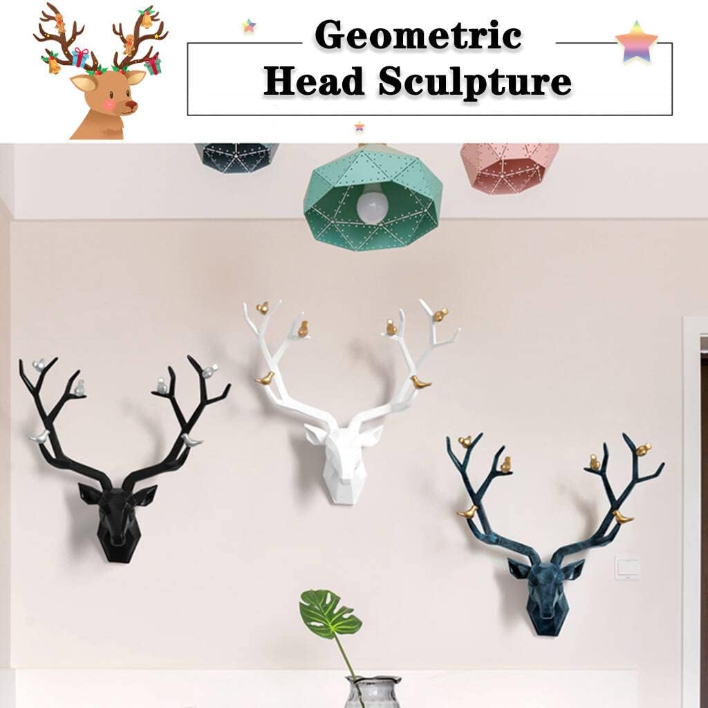 Deer Head Wall Decor Geometric Rustic Wall Mounted Deer Head, Faux Taxidermy Animal Head Wall Art Pendant, Handmade Resin Head Sculptures for Porch, Detachable Antlers, 6 Styles(Black,21.8x15.7IN)