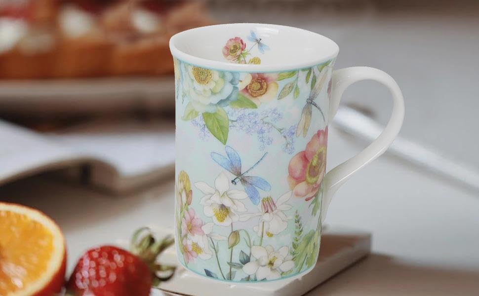 Lightahead Elegant Bone China Two Coffee Mugs Set in Floral Design 10.8 oz Each Cup in Attractive Gift Box