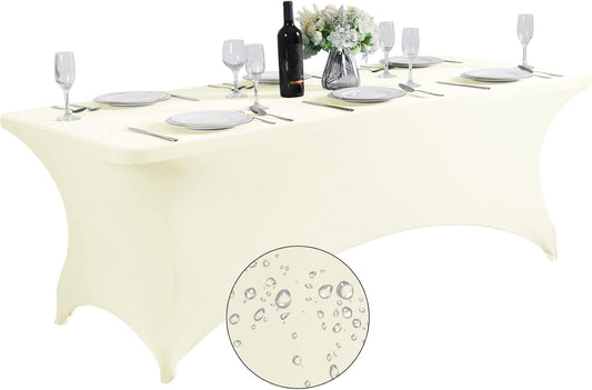 SuperO Waterproof Spandex Table Cover for 8FT Table Universal Fitted Stretch Tablecloth for Party, Banquet, Wedding and Events-Ivory