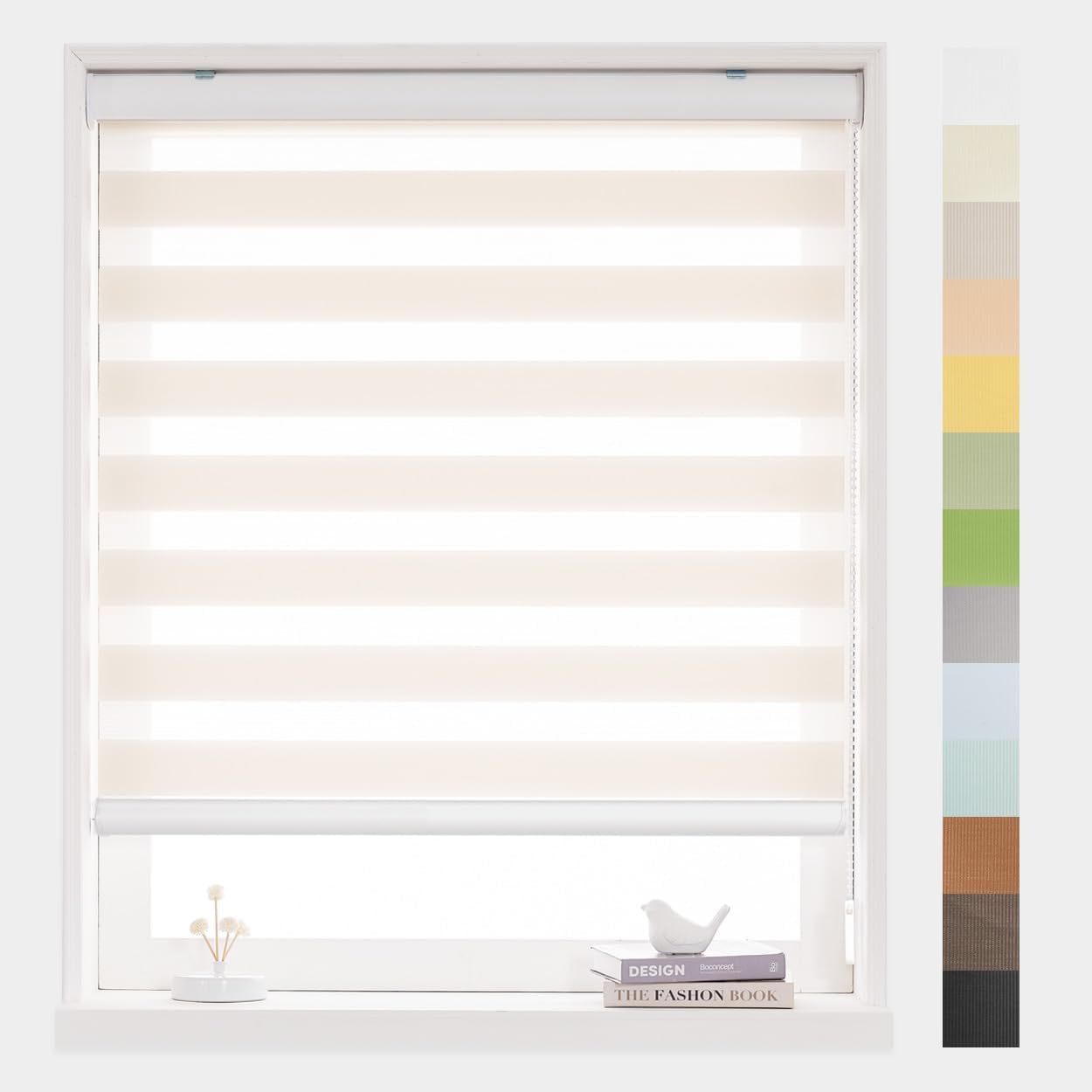 Foiresoft Standard Custom Zebra Roller Blinds for Windows [W10–105 x H10–115 Inch, Beige, Basic], Light Filtering Dual Layer Shades for Bedroom, Living Room, Office, 13 Colors