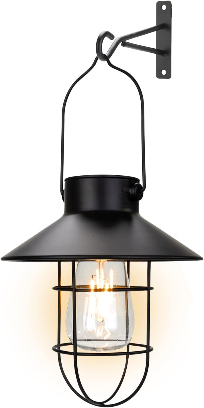 pearlstar Solar Lanterns Outdoor Metal Solar Powered Hanging Lights Waterproof for Wall Yard Garden Patio Garage Balcony Porch Fence Decor, Warm White Edison Bulb,with Wall Mount Kit（Black-1pack）