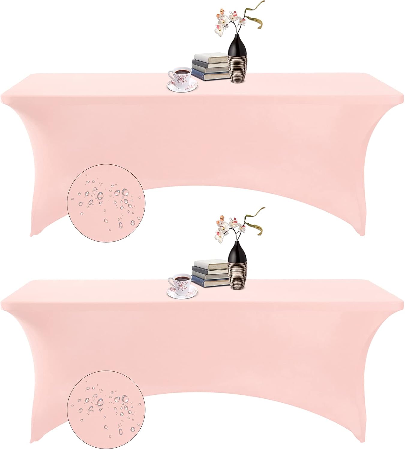 2Pack Spandex Waterproof Table Covers 8ft，Spandex 8ft Waterproof Table Cover for Party,Wedding, Banquet, and Events(Blush Pink)