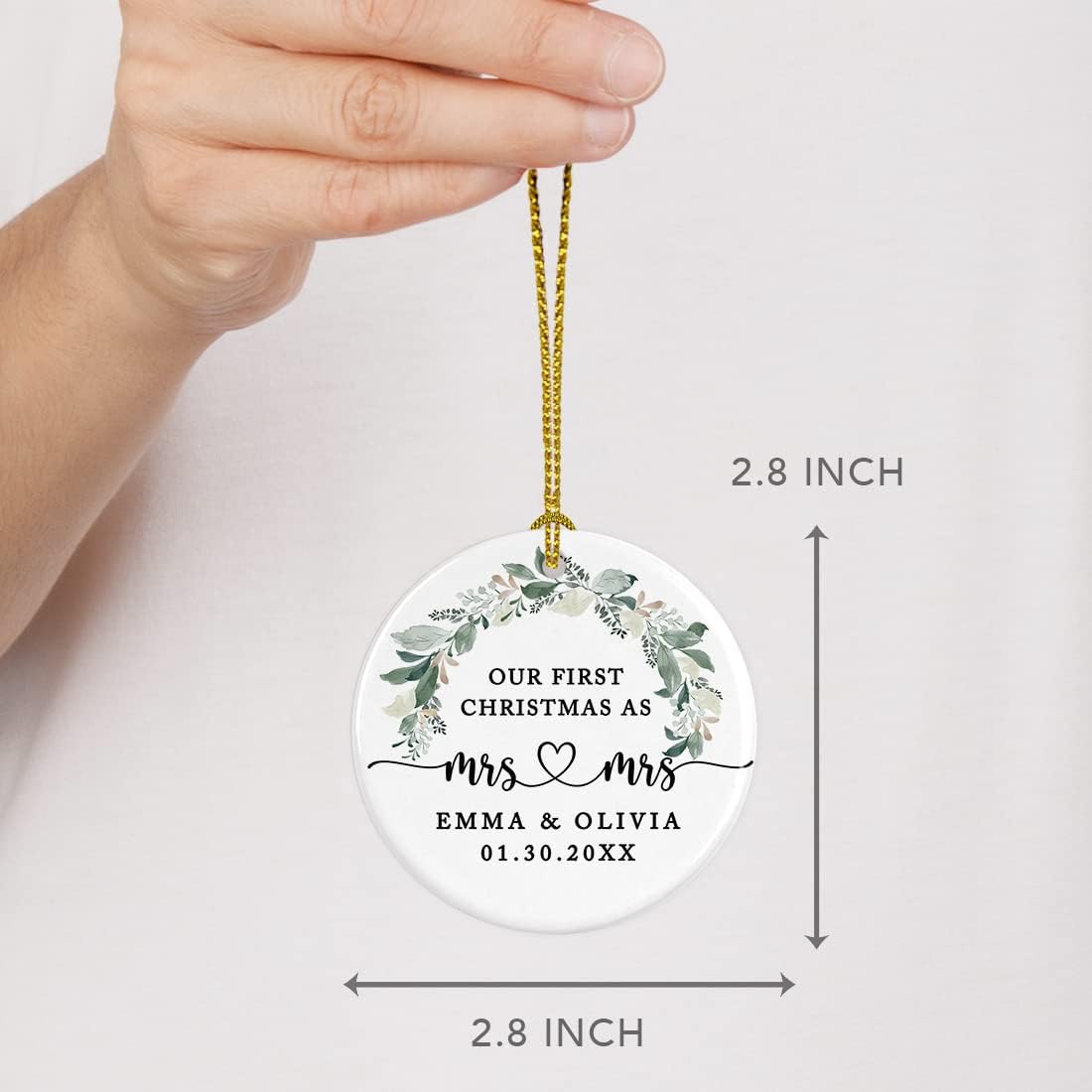 Andaz Press Personalized Our First Christmas As Mrs. & Mrs. Christmas Ornaments 2025 Foliage Wreath 2.8" Round Porcelain Ceramic Lesbian Christmas Ornament Married Couple Gay Women Newlyweds 1-Pack