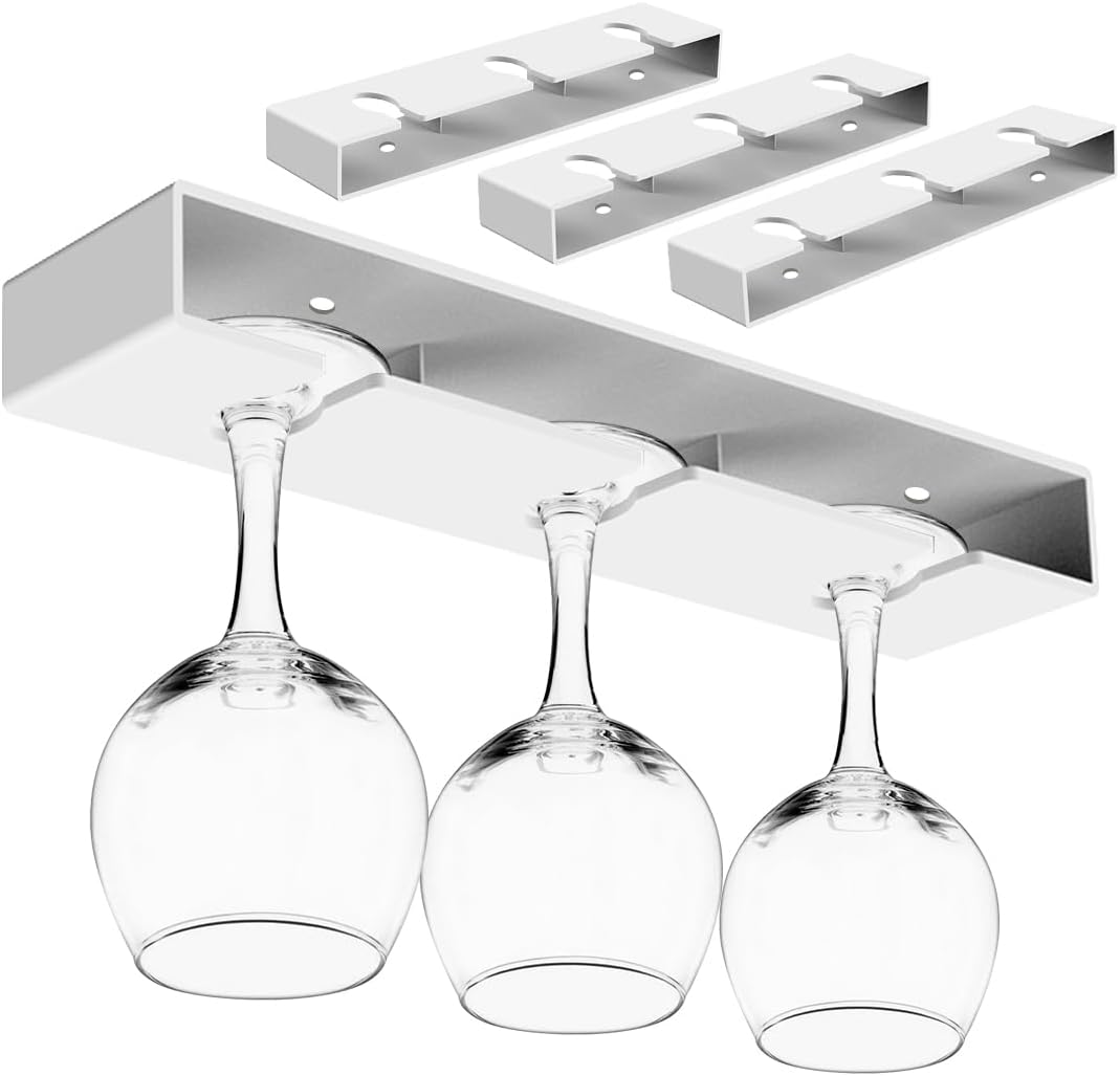 4 Pack Wine Glass Holder,Wine Glass Rack Punch-free Under Cabinet Wine Glass Holder Hanging Plastic Stemware Rack（White）