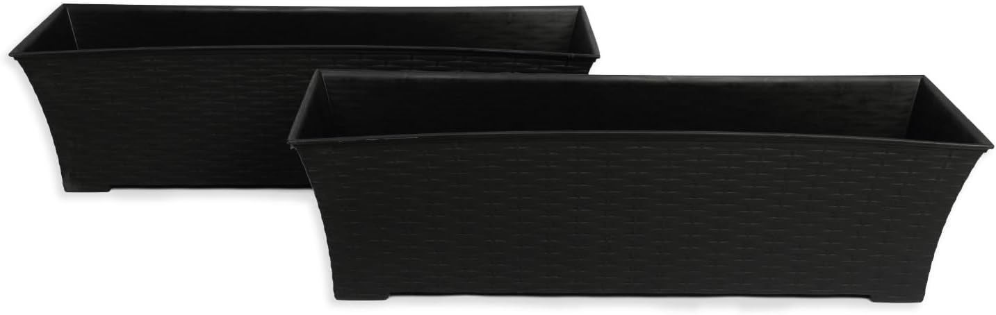 Elly Décor Set of 2 24x8 Rectangular Modern, Resistant and Self Watering Planter with Rattan-Like Finish, 24", Gray