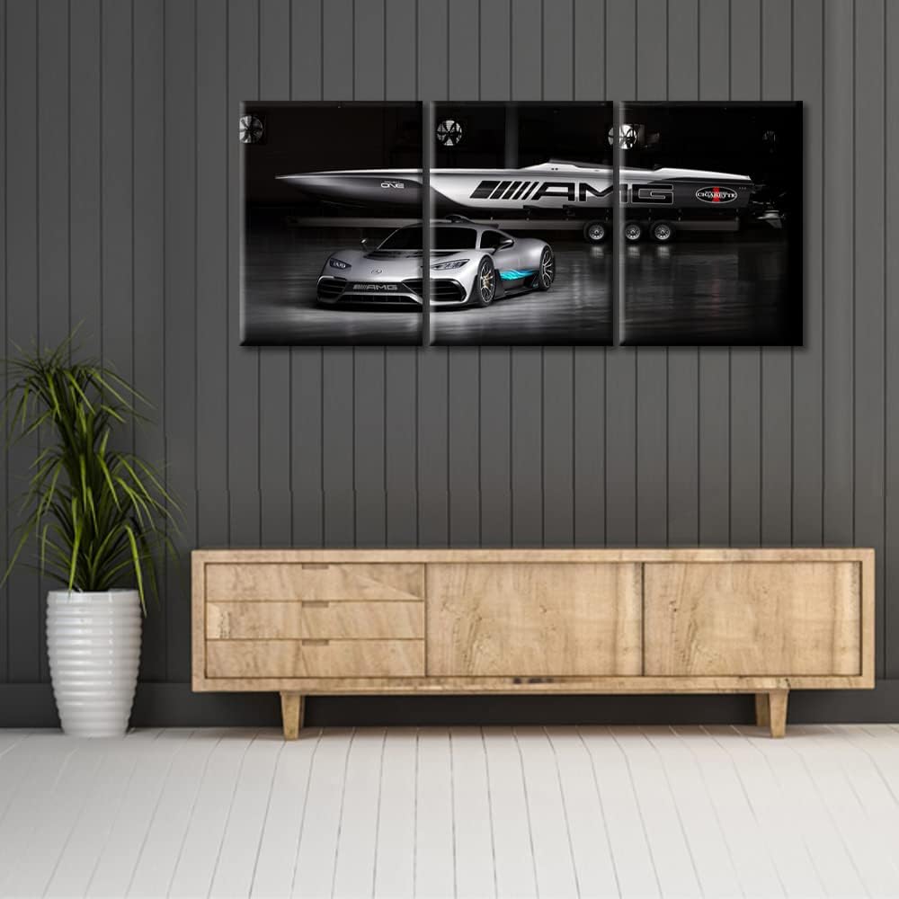 Sports Car Canvas Prints Gray Speedy Racing Car Wall Art Paintings Hypercar 3D Model Design Posters Stretched Pictures for Living Room Modern Home Decor Framed Wall Art Decorations, 36" Wx16 H