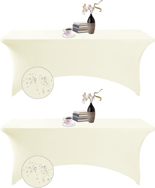 2Pack Spandex Waterproof Table Covers 6ft，Spandex 6ft Waterproof Table Cover for Party,Wedding, Banquet, and Events(Ivory)