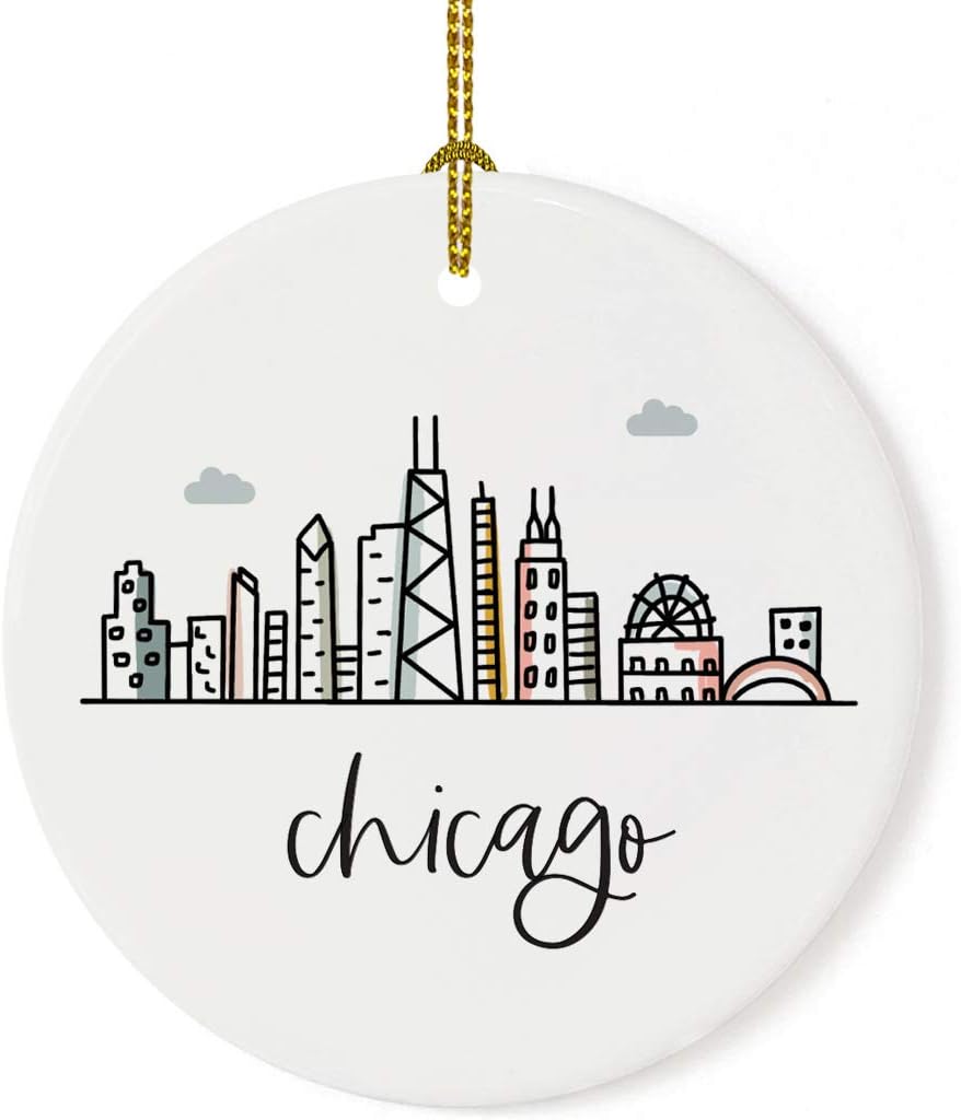 Andaz Press Round Ceramic Porcelain Christmas Tree Ornament Keepsake, Chicago Colorful City Skyline Graphic, 1-Pack, Birthday Gift Ideas Family Coworker Him Her, Includes Gift Box
