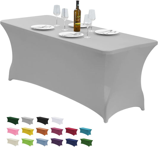 CWK 4FT Waterproof Stretch Spandex Table Cover for Rectangular Tables - Elastic Fitted Tablecloth for Folding Tables,Wrinkle Resistant Table Cloth for Parties, Weddings, Banquets & Events (Silver)