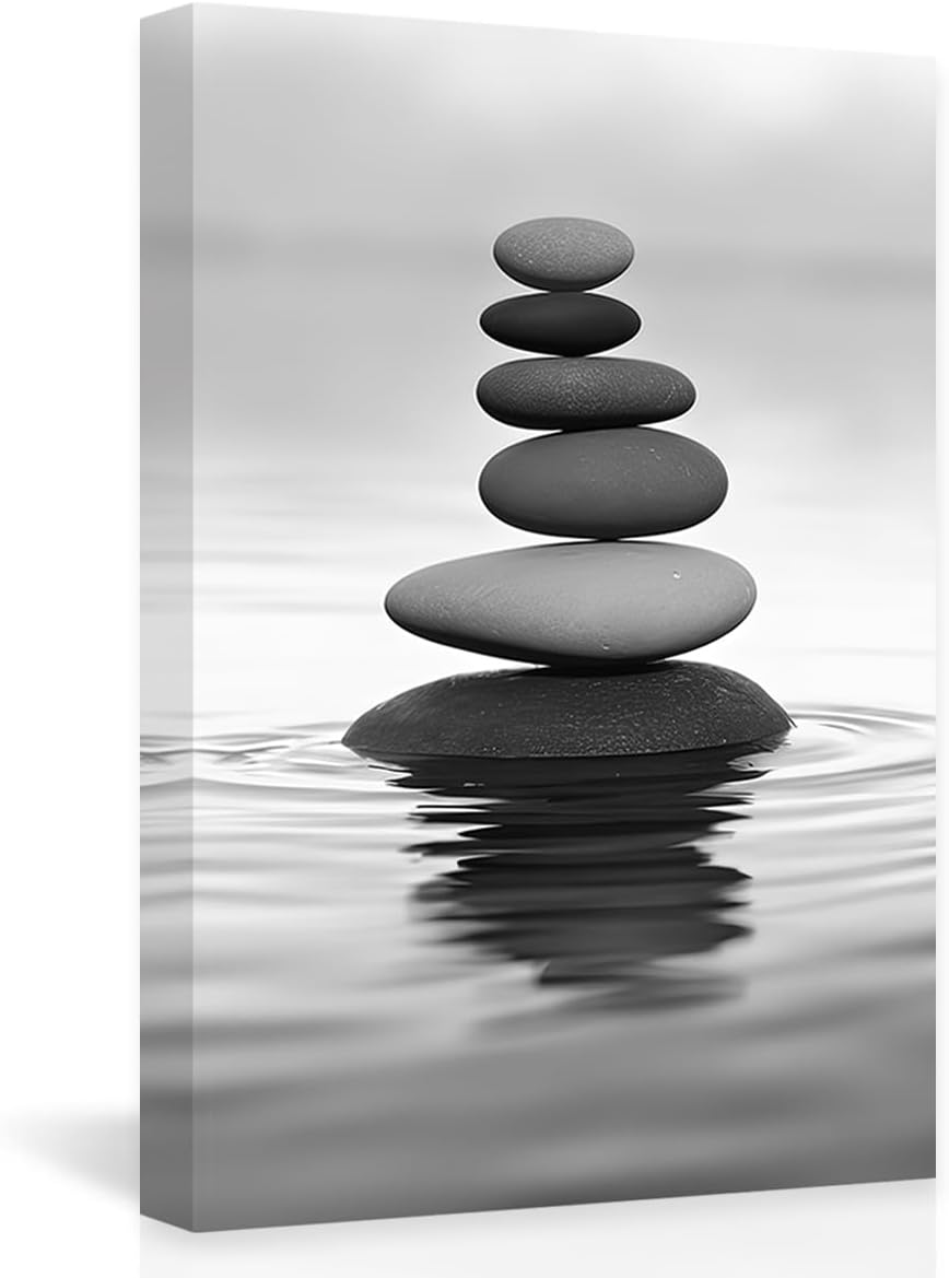 DOARTDO Zen Picture Wall Decor Black and White Zen Stone Canvas Wall Art Spa Stone Picture Print Bathroom Yoga Room Decor Frame (24.00" x 36.00", Zen Stone - 2)