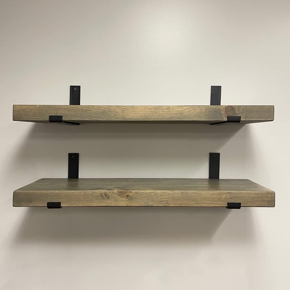 Rustic Shelves with J-Brackets Set of 2, Industrial Shelf, Kitchen Shelves, Solid Wood, Decorative Wall Storage, Heavy Duty, URBANDI (Grey, 24Wx6D)