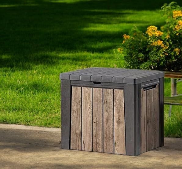 Outdoor Storage Box, Wood-Look Resin Deck Container, Indoor/Outdoor Storage, Ash Wood Brown (30 Gallon)