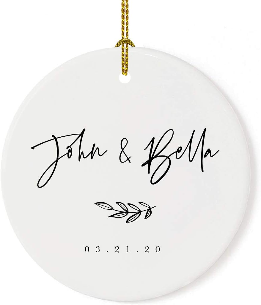 Andaz Press Personalized Round Ceramic Porcelain Christmas Tree Ornament Engagement Keepsake Collectible Gift, John & Olivia 03.21.20, Antique Handdrawn, 1-Pack