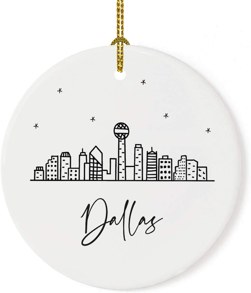 Andaz Press Round Ceramic Porcelain Christmas Tree Ornament Keepsake, Dallas Black and White Stars City Skyline Graphic, 1-Pack, Birthday Gift Ideas for Family Coworker, Includes Gift Box