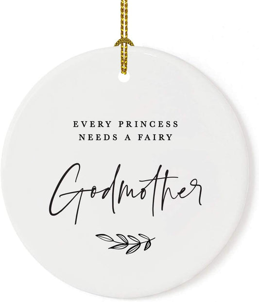 Andaz Press Round Ceramic Porcelain Christmas Tree Ornament Keepsake Collectible Godmother Gift, Every Princess Needs a Fairy Godmother, Antique Handdrawn, 1-Pack
