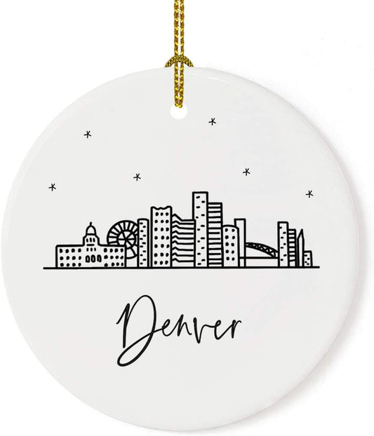 Andaz Press Round Ceramic Porcelain Christmas Tree Ornament Keepsake, Denver Black and White Stars City Skyline Graphic, 1-Pack, Birthday Gift Ideas Family Coworker Him Her, Includes Gift Box