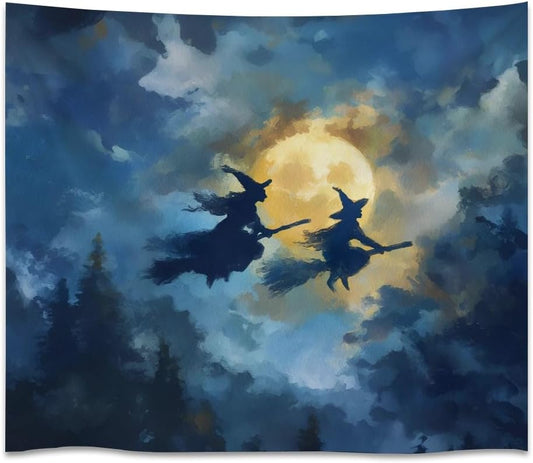 Spooky Halloween Witch Tapestry Wall Hanging Dark Fantasy Night Sky Aesthetic Print Flying Witches Under Full Moon Tapestries Horror Ghost Halloween Party Decor for Living Room Bedroom 70x90inch
