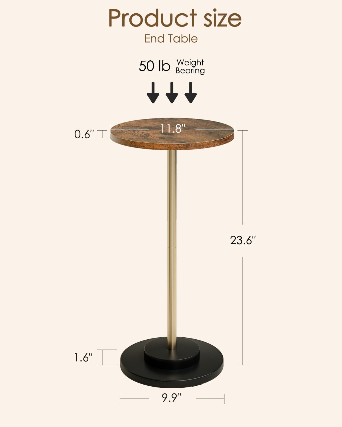 Masupu Drink Table, Round Side Table for Small Spaces, Pedestal Small End Table with Metal Base, for Living Room, Bedroom, Bathroom, Rustic Brown