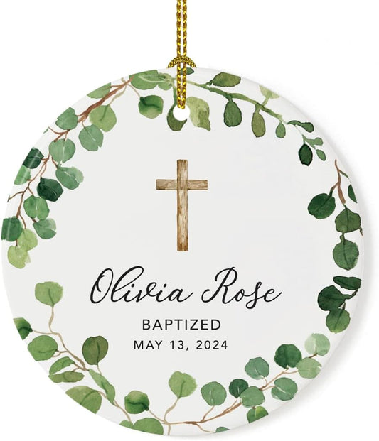 Andaz Press Personalized Baptism Ornament 2025, Round Ceramic Porcelain Baptism Christmas Ornament, Olivia Rose Carter Baptized May 1, 2025, Farmhouse Eucalyptus Wreath, 1-Pack Custom
