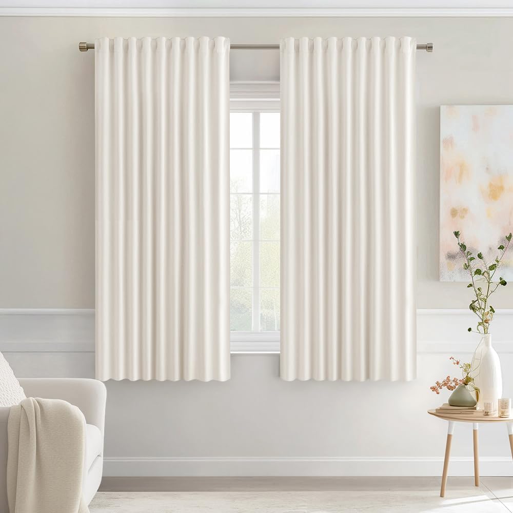 MIULEE Ivory Back Tab Blackout Curtains 63 Inch Length 2 Panels Set for Living Room Bedroom Privacy, Rod Pocket/Pinch Pleat Thermal Insulated Room Darkening Pleated Light Blocking Drapes
