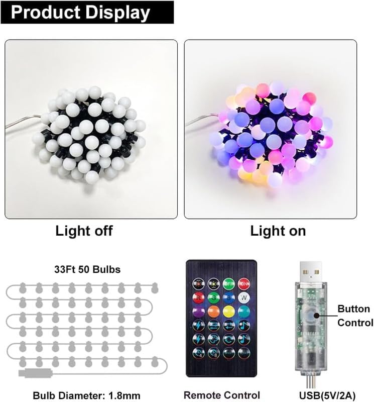 Hoofun Smart String Lights USB Powered, 33ft 50 LED Color Changing Globe Fairy Lights, Bluetooth APP & Remote Control, DIY Color, Music Sync Decorative for Bedroom Christmas Tree Tent Indoor Outdoor