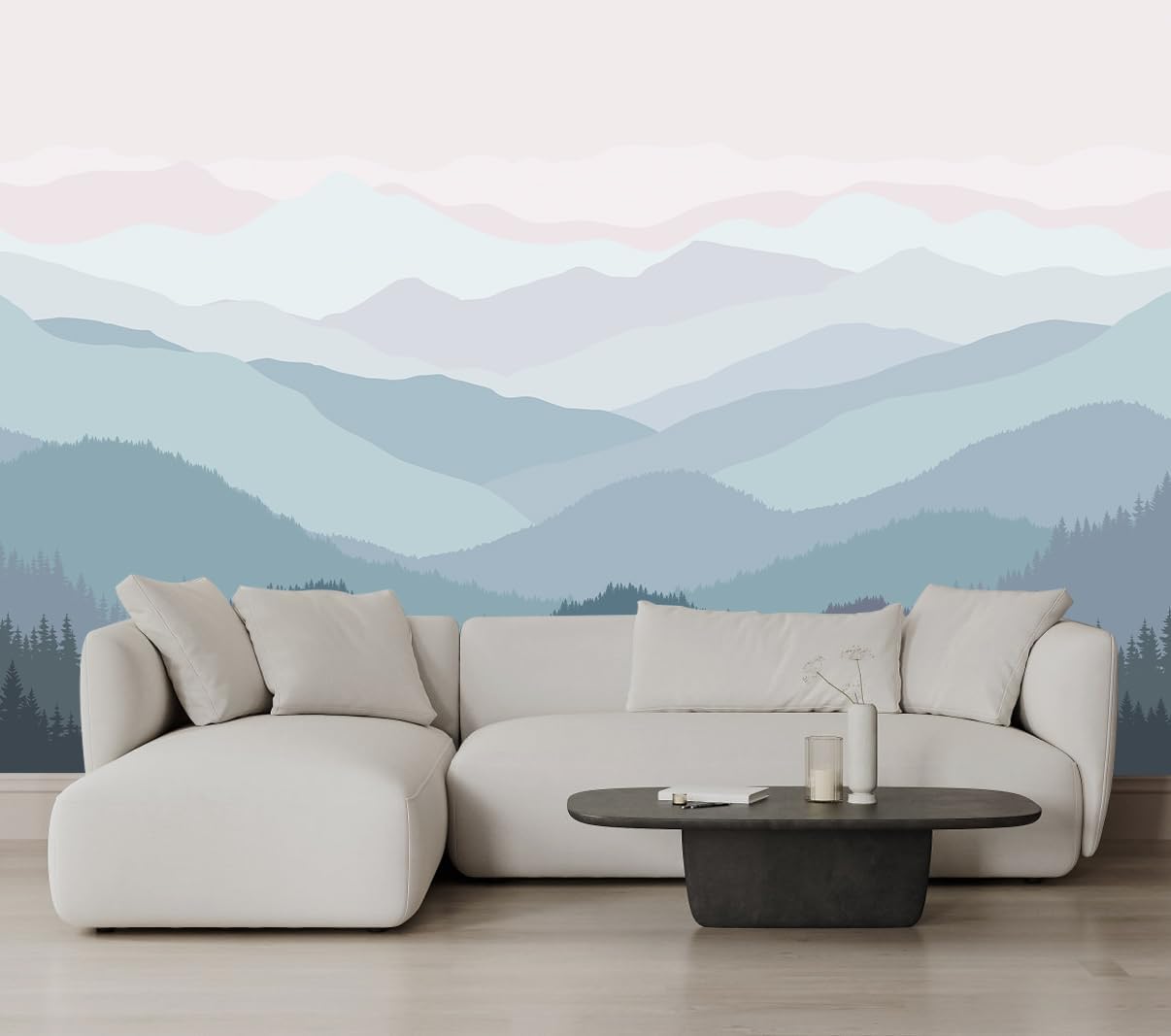 Modern Forest Mountain Peaks Wallpaper Pink Woodland Landscape Wall Mural for Bedroom Livingroom (Not Peel n' Stick)