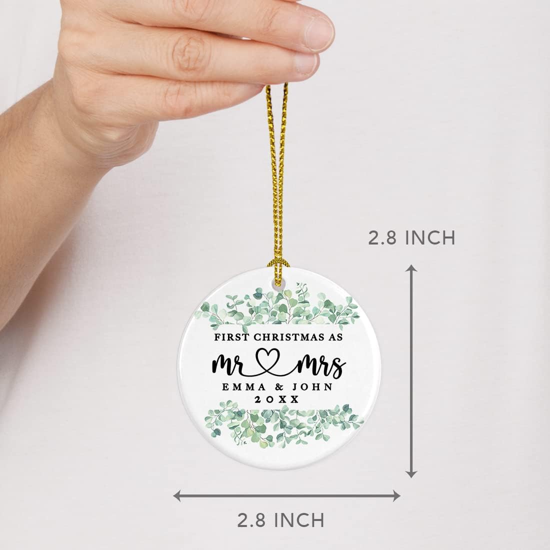 Andaz Press Personalized Our First Christmas As Mr. & Mrs. 2024 Christmas Ornaments Greenery Eucalyptus 2.8" Round Porcelain Ceramic 1st Year Married Custom Ornament Keepsake for Newlyweds 1-Pack