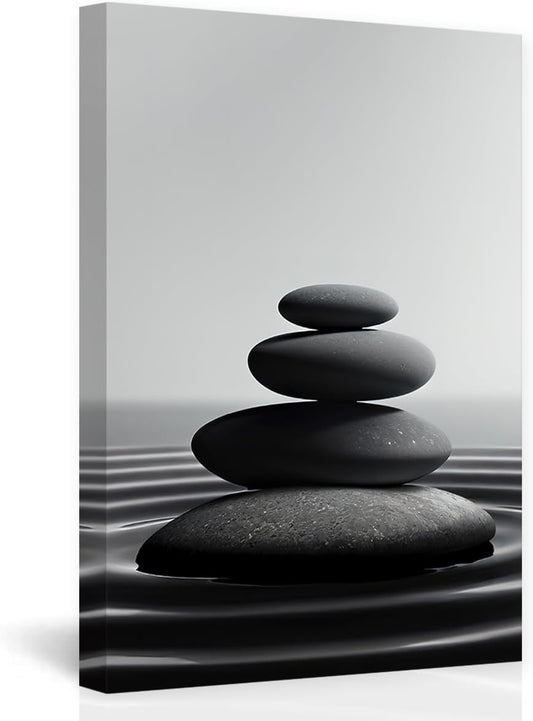 DOARTDO Zen Stone Canvas Wall Art Black and White Spa Stones Picture Print Modern Meditation Spirit Bathroom Decor Frame (16.00" x 24.00", Zen Stone - 1)